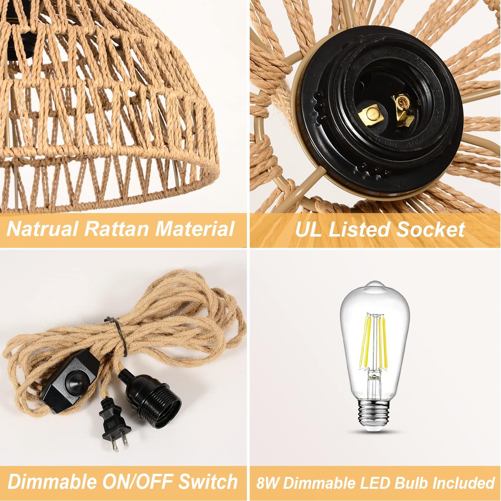 HMVPL Rattan Hanging Lights with Plug in Cord Dimmable LED Bulb Included, Wicker Plug in Pendant Light Fixture, Boho Plug in Chandelier, Hanging Lamp for Bedroom, Kitchen, Nursery, Living Room - HMVPL